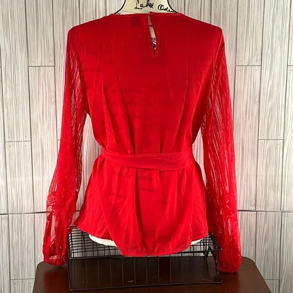 Shein Red Long Sleeve Lacy Gathered Cuffs Top - Picture 2 of 5